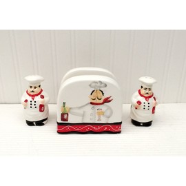 ACK Tuscany Colorful Plump Bistro Chef Hand Painted Ceramic Napkin Holder, Salt & Pepper Shakers Set of 3PCs, Kitchen Décor