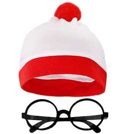 Dreamzfit - Adult Unisex Red White Bobble Hat & Nerd Glasses Find Me Book Character Accessory World Book Week Day Fancy Dress Costume