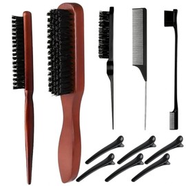 Gykutix 11-Piece Hog Bristle Brush for Sleek Bun Brush, Beard Brush, Edges Brush, Toupee Brush, Handle Comb, Hair Clips, Hair Brush with Wooden Handle, Hair Brush Set for Women, Men, Hairdressers