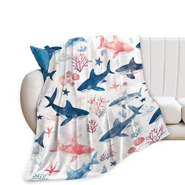 Shark Blanket Ocean Shark Gifts for Girls Boys Woman Kids Coral Shark Lover Coastal Navy Throw Blankets Soft Blanket Warm Fleece Flannel Plush Blankets for Bed Sofa Couch 40"x50"
