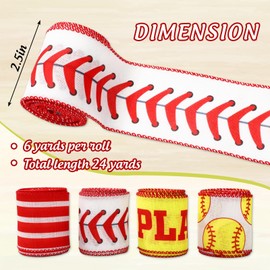 AnyDesign Softball Wired Edge Ribbon Red Yellow Baseball Ribbon Sports Ball Fabric Ribbon for Wreath Bow Making DIY Crafts Wrapping, 4 Rolls, 24 Yard