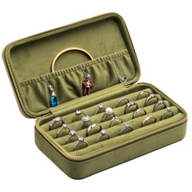 COWFEX Velvet Multiple Ring Box Jewelry Organizer Display Tray with Zipper Around Earring Holder Case for Wedding Birthday (Olive Green)