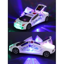 Toy Cars, Police Car Toys for Boys 3-5, Police Car Spinning Toy with Music Lights and Siren, Automatic Door Opening Spin Toy for Outdoor Indoor Kids Gifts (White)