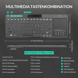 Rii Bluetooth Tastatur mit touchpad(Bluetooth 5.0 + 2.4G Wireless), Mini Tastatur Beleuchtet mit 2 LED Hinterleuchtet（Deutsches Layout, schwarz）