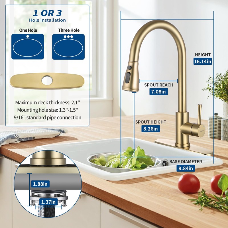 GUUKAR Gold Kitchen Faucet with Pull Down Sprayer, Modern Brushed