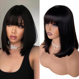Mengbolea Bob Wig with Bangs Human Hair Wigs Glueless Wigs Straight Layered Bob Wigs with Bangs 1X3 Transparent Lace Bob Wigs Black for Women (10inch)
