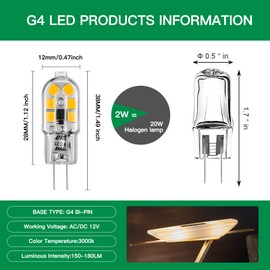 Sriomny G4 LED Bulbs 12V 2W [10-Pack] 3000K Warm White, 20W Halogen Replacement, 180LM - JC Bi-Pin Base for Bedroom, Chandelier, Cabinet Lights IP65 Waterproof