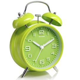 Peakeep 4 Inches Twin Bell Loud Alarm Clock for Heavy Sleepers, Battery Operated Old Fashioned Alarm Clock (3D-Dial, Green)
