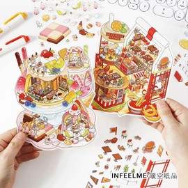 4 Sets DIY 3D Stickers Scene for Adults Teen Girls, 3D House Sticker Therapy Cute Cartoon Animal Scenes Decals, Make Your Own Mini Room Scenes,Relief Stress Pass The Time Birthday Gift