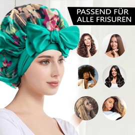 YENTEN Double Night Hat Made of Silk Satin, Silk Hood for Sleeping, Adjustable Night Sleep Hat, Non-Slip Bonnet Sleep Cap for Women (Floral Pattern), Green, Unit size