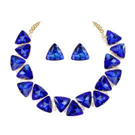 BriLove Art Deco Sparkly Ethnic Style Chunky Tribal Beaded Triangle Statement Necklace Earrings Set for Women Sapphire Color Gold-Tone