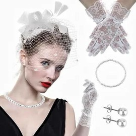 4 Pieces Fascinators Hat for Women,Fascinator Hats for Women,Tea Party Hats for Women with Glove,Cocktail Hat Lace Wedding Accessories Masks Pearl Christmas Comfortable Floral Halloween Hand Gift - Color: White