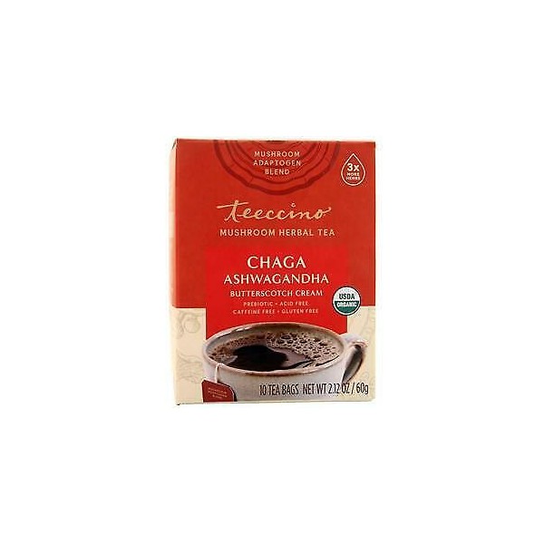 Teeccino Mushroom Herbal Tea Chaga Ashwagandha Butterscotch Cream 10 pckts