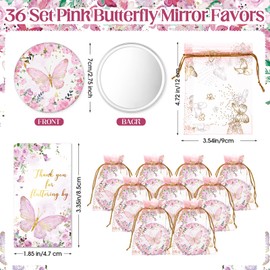 Yuntau 36 Sets Butterfly Baby Shower Party Favors, Butterfly Compact Pocket Mirrors and Thank You Cards Gifts Bulk for guests Bridal Shower Wedding Gender Reveal Party(Pink)