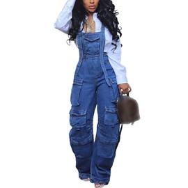 LETSVDO Women's Cargo Denim Overall Jumpsuit Wide Leg Bib Loose Baggy Stretch Casual Jean Overalls Romper Cargo Pants