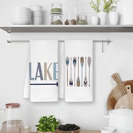 STHTTSW Lake Kitchen Towels, Gifts for Lakes House Lovers Dish Tea Towels for Kitchen, Nautical Lakehouse Boat Paddle Decorative Hand Towels for Bathroom, 16x24 Inch Set of 2