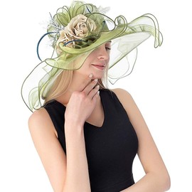 RZTA Women's Kentucky Derby Church Dress Hat Wide Brim Leaf Flower Bridal Shower Hat C2 Olive Green