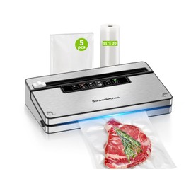Bonsenkitchen Vacuum Sealer Machine, Stainless Steel Food Sealer Vacuum Sealers with 1 Roll & 5 Bags, 5 Food Vacuum Modes, Built-in Cutter & Bag Storage (Silver Black)