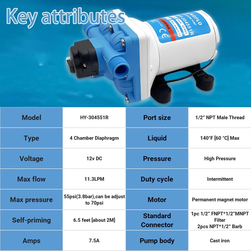 SAILINGFLO 12V DC High Performance Diaphragm Pump – 55PSI/3.8Bar, 3.0GPM,