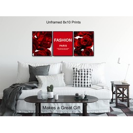 Quotes Wall Art - Glam Wall Decor 3 print Set - Chic Modern Fashion design - Elegant Home Decor for Bedroom, Living room, Bathroom, Office - Luxury Gift for Woman, Fashionista - Red Roses Set