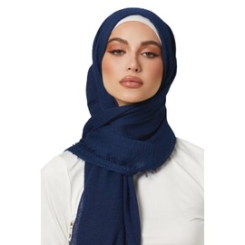 Ladies Maxi Long Crinkle Frayed Edges Crimp Mix Cotton Scarf Hijab Shawl Wrap (Navy)