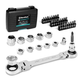 DURATECH 12-in-1 Flex-Head Ratcheting Wrench Set & 24-in-1 Screwdriver Set, Double Box End Wrench 8-19mm, 1/4" Drive Adapter with 24PCS Driver Bits, CR-V Steel, with Tool Box