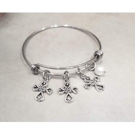 Cross Pearl Bracelet Handmade on an Expandable Steel Bangle