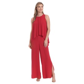 London Times Women's Plus Size Jewel Neck High Low Popover Jumpsuit, Jalapeno Red