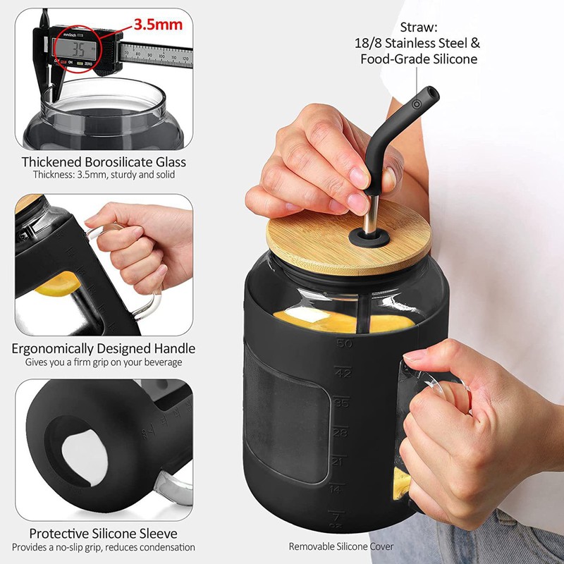 [通拓商品]50oz Glass Cup with Handle Reusable Bamboo Lids Water Bottle