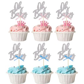 24 piezas de adornos para cupcakes de bebé con purpurina para baby shower con lazo rosa y azul para revelar el género, baby shower, niños, niñas, fiesta de cumpleaños, decoración de pasteles, color oro rosa