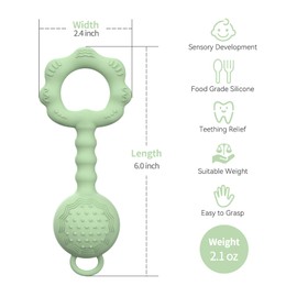 Teethers for Babies 6-12 Months, Baby Rattles 0-6 Months, 2-in-1 Rattle and Teether Toy for Soothing Sore Gums and Keeps Little Ones Entertained, Food Grade Silicone, Green