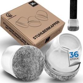36 Chair Leg Caps Transparent with Grey Felt – Also Ideal for Slanted Chair Legs – Durable Chair Leg Protectors for Chairs [Round] – Premium Felt Gliders for Chairs, Sofa, Table with 14-20 mm Diameter