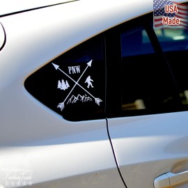 Byzee PNW Bigfoot Decal | Mountain & Pine Tree Vinyl Sticker | White 5.5" Crossed Arrows Graphic for Vehicle/Laptop Computer