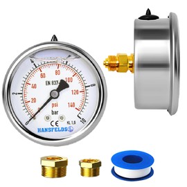 Hansfelds Pressure gauge 0-10 bar/psi 63mm dial liquid filled 1/4 inch BSP connector from rear brass inside and connection double scale bar/psi accuracy 1.6