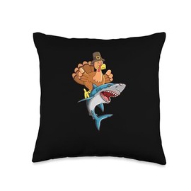 Pilgrim Costume Thanksgiving Shirt Turkey Meat Thanksgiving Day Turkey Riding Shark Funny Autumn Gobble Throw Pillow, 16x16, Multicolor