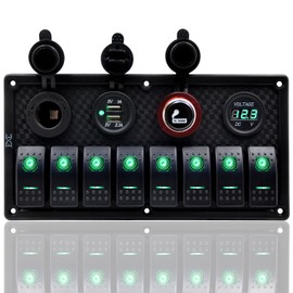 FXC - Panel de interruptor multifunción de 12 V 24 V verde LED encendido/apagado marino impermeable 8 bandas interruptor basculante panel para barco, coche, camión, RV, interruptor de palanca con interruptor de circuito, cargador USB dual voltímetro