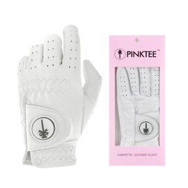 CROWNBLANKS PINKTEE Women's Golf Glove Left Hand Ladies Pink Cabretta Leather Golf Gloves with Removable Magnetic Ball Marker Full Finger Elastic (White Mark, 19)