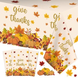 3 Pcs Thanksgiving Tablecloth - Give Thanks Plastic Table Cloth Disposable Rectangular Fall Pumpkin Maple Leaves Table Cover for Thanksgiving Day Party Decorations Tables Decor Supplies,108 x 54 Inch