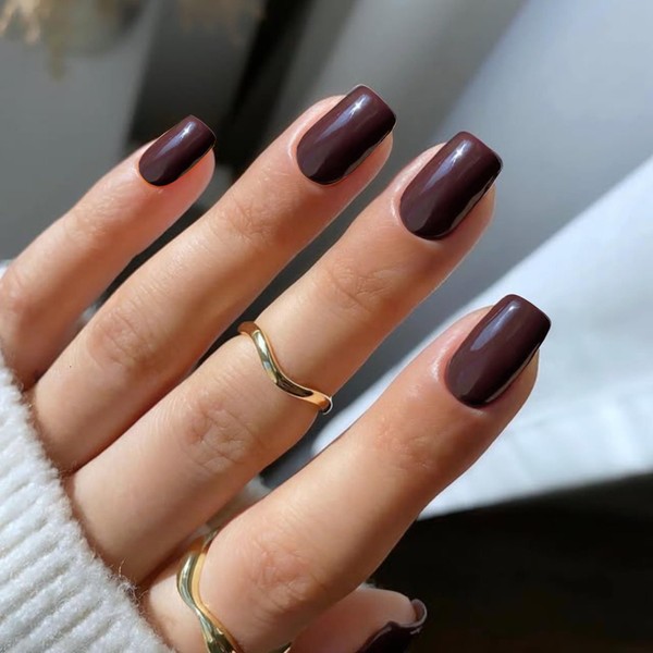 Dark Brown Press on Nails Medium Short Square,Xcreando Glue on