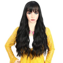 Greenmirr Long Black Wavy Wig for Women, Plain Natural Synthetic Hair with Fringe, 24 inches (Black 1B)