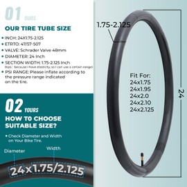 MetersGod 2 Pcs,24x1.75/1.95/2.0/2.10/2.125 Bicycle Tube,24x1.75-2.125 Bicycle Tire,US Valve 48mm,Butyl Rubber,Suitable for Mountain Bike,Cross Bike,City Bike,MGN009