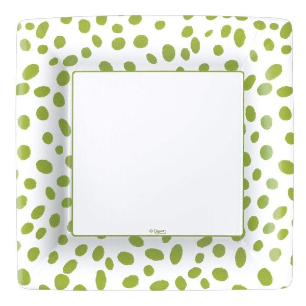 Caspari Spots Square Paper Dinner Plates in Green - 16 Count