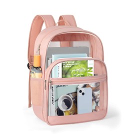 KIMNERPU Clear Backpack, Heavy Duty Transparent Bookbag for School, Fabric & PVC Transparent Backpack with Reinforced Strap for Women Men, Capacity Clear Bag for College, Travel, Security, Pink
