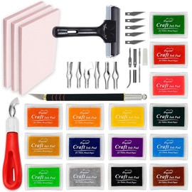 Printmaking Supplies Starter Kit by Pixiss - 3x Stamp pad, 15x Ink Pads for Rubber Stamps, Hobby Knife Pen with 6 Blades, Stamp Carving Tool - Essential Print Making Materials