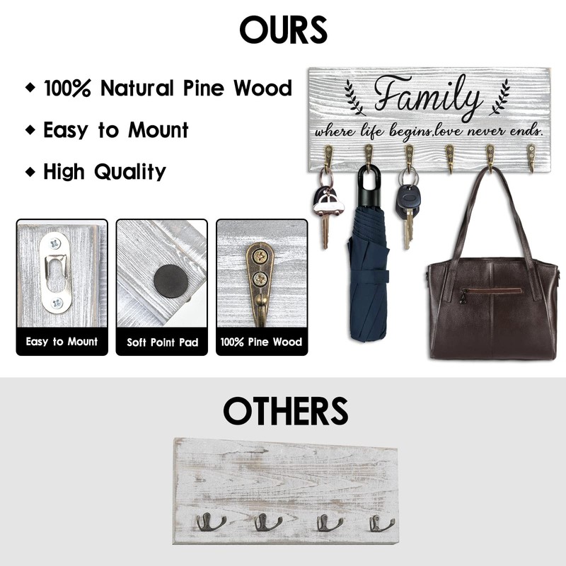 AHYS Key Holder Wall Mount Rustic Wooden Key Rack with