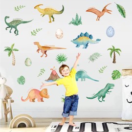 Cartoon Dinosaur Wall Decals for Boys Room, 27Pcs Watercolor Dino Wall Stickers Peel and Stick with T-Rex Stegosaurus Pterodactyl Volcano Palm Trees for Kids Toddler Bedroom Playroom Wall Decor