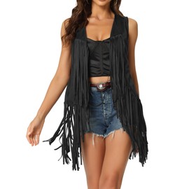 Allegra K Women's Sleeveless Fringe Vest Open Front Western 70s Outfits Faux Suede Tassel Cardigan Large Black