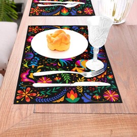 Mexican Placemats Set of 4 Linen 12"x18" Mexican Flower Decorative Kitchen Table Mats for Dining Kitchen Party Home Decor Washable Place Mats