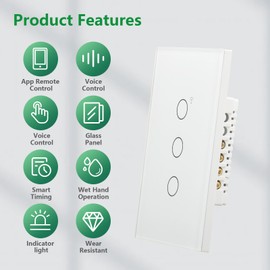 Wengart - Interruptor de luz táctil de pared WiFi de 2,4 GHz, AC125 V max1200 W, compatible con Alexa Google Home, compatible con iOS y Android interruptores de un solo polo (3 Gang_blanco)