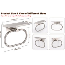 Siyzda Hand Towel Ring with Shelf, 304 Stainless Steel Hand Towel Holder, Heavy Duty Bath Accessories, Wall Mounted Towel Hanger for Bathroom Kitchen (Brushed Nickel)